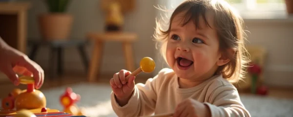 Un jeune enfant sourit avec joie en découvrant des instruments de musique aux couleurs vives, entouré de son parent qui partage ce moment ludique et chaleureux.