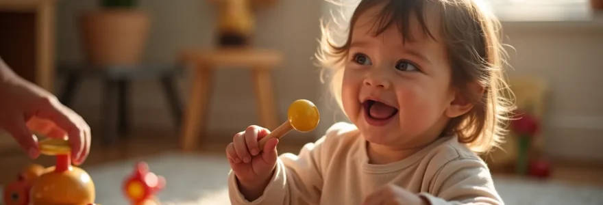 Un jeune enfant sourit avec joie en découvrant des instruments de musique aux couleurs vives, entouré de son parent qui partage ce moment ludique et chaleureux.