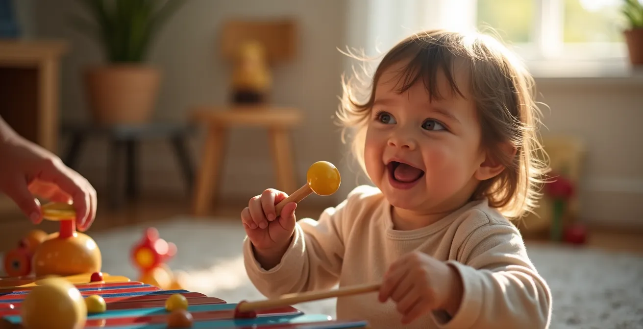 Un jeune enfant sourit avec joie en découvrant des instruments de musique aux couleurs vives, entouré de son parent qui partage ce moment ludique et chaleureux.