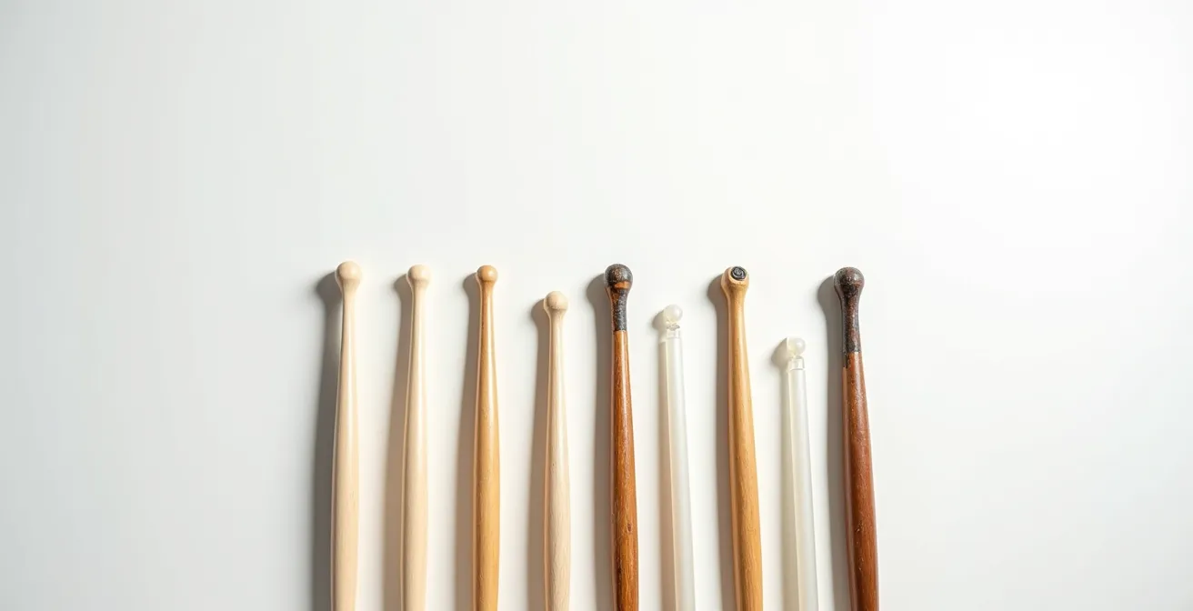 Vue aérienne d'une collection de baguettes usées représentant l'évolution d'un batteur