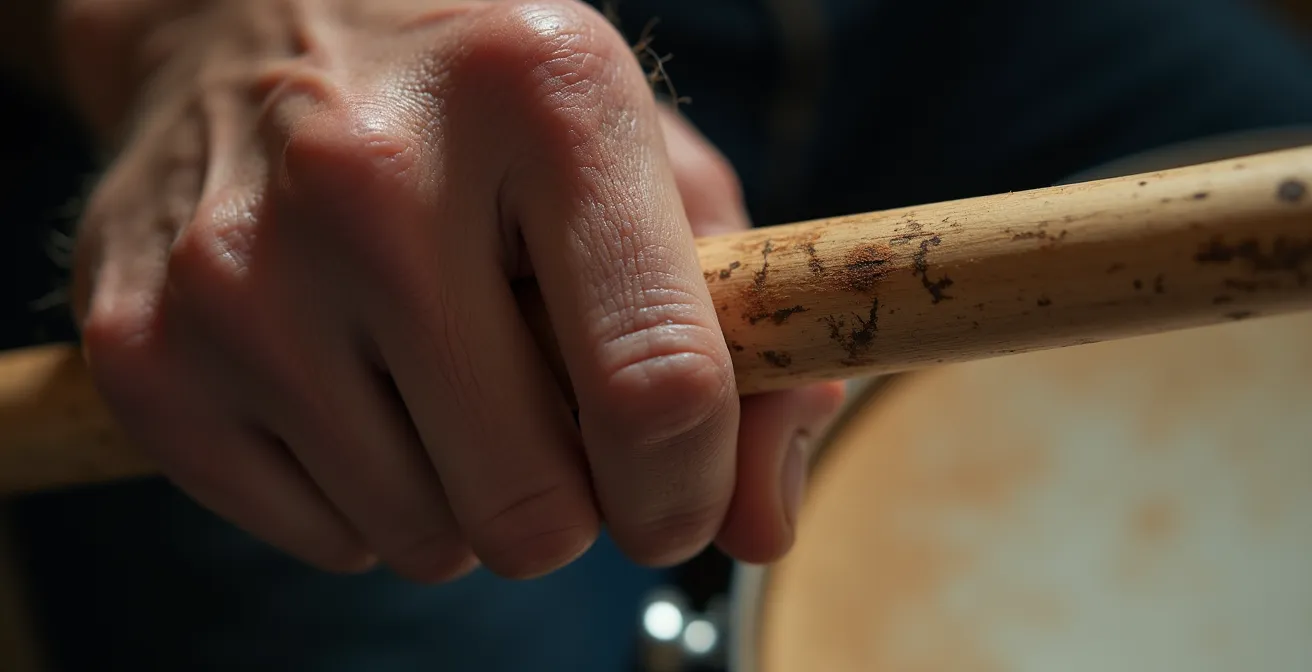 Gros plan sur la main d'un batteur révélant la texture et le grip unique de sa baguette