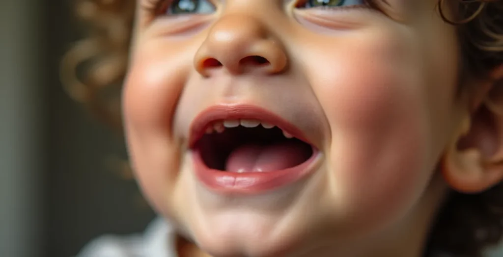 Gros plan détaillé des lèvres, bouche et dents d'un enfant heureux prononçant clairement des sons, illustrant les progrès d'articulation.